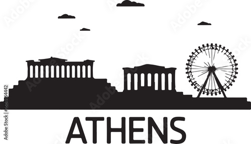 Iconic Athens skyline silhouette featuring ancient Acropolis and modern Ferris wheel