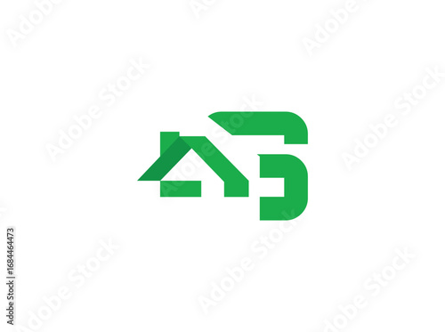 Modern real estate logo design featuring abstract house and roof shapes combined with bold letterforms. Created with clean geometric lines and a green color scheme, the design represents growth, s