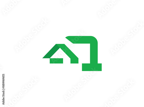Modern real estate logo design featuring abstract house and roof shapes combined with bold letterforms. Created with clean geometric lines and a green color scheme, the design represents growth, q