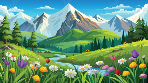 Summer alpine landscape with a vast meadow of vibrant flowers under a clear sky