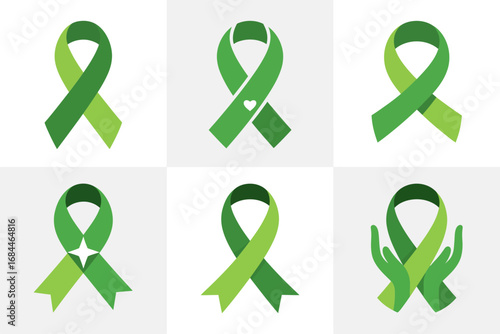 Green ribbon vector pack, gradient looped emblems, solidarity hands and bow icons, environmental awareness design, eco campaign graphics