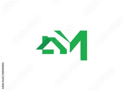 Modern real estate logo design featuring abstract house and roof shapes combined with bold letterforms. Created with clean geometric lines and a green color scheme, the design represents growth, m