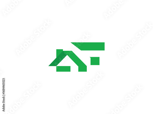 Modern real estate logo design featuring abstract house and roof shapes combined with bold letterforms. Created with clean geometric lines and a green color scheme, the design represents growth, f