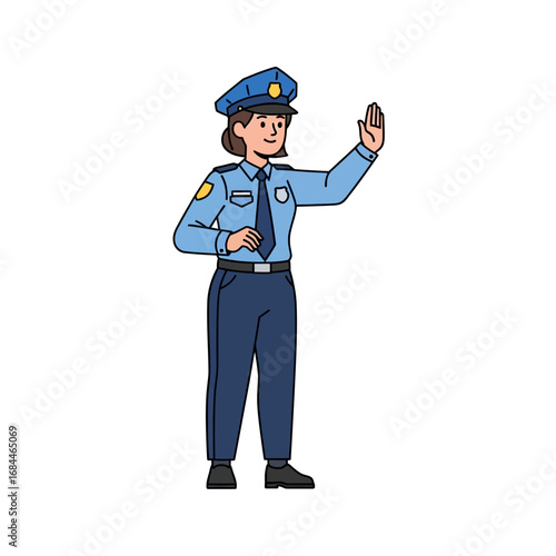 Female police officer in blue uniform holding hand up, signaling to stop, illustration