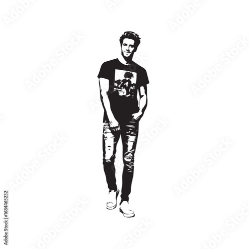 Handsome Man Black and White Illustration Vector Image Male Portrait Fashion Sketch Line Art Design
