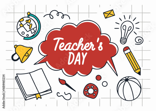 Vector art of happy teachers day celebration with school supplies and educational elements in a doodle style