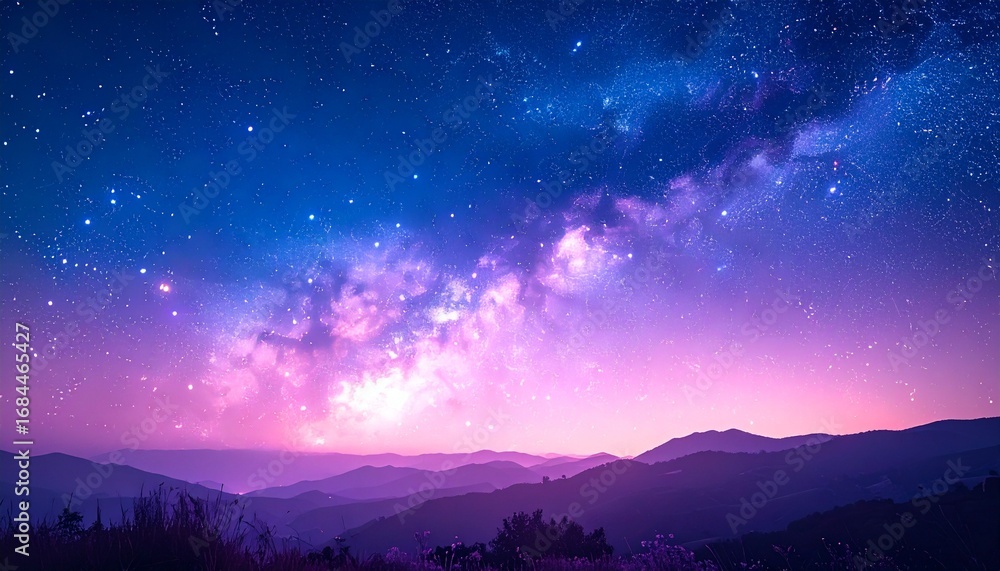 Fototapeta premium Stunning night sky with the Milky Way glowing in shades of blue and purple above layered mountain silhouettes, creating a dreamy cosmic landscape