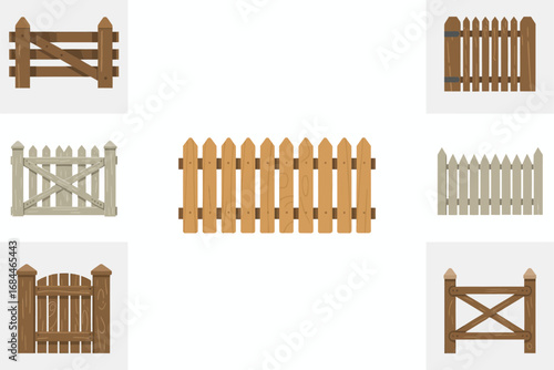 Wooden fences and gates vector illustrations, rustic boundary icons, countryside yard enclosure graphics, garden outdoor design construction set
