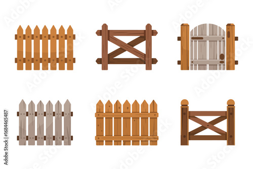 Farm gate vector elements, rustic wooden fence icons, countryside yard border graphics, outdoor enclosure design, traditional construction illustrations