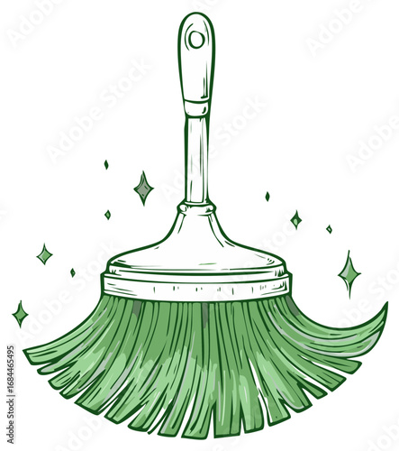Sparkling green broom cleaning and tidying with scattered sparkles