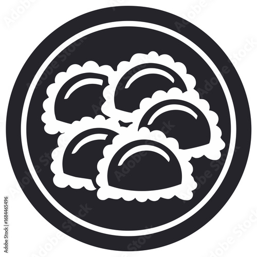 Monochrome graphic of traditional dumplings or ravioli on a plate, featuring a stylized culinary design
