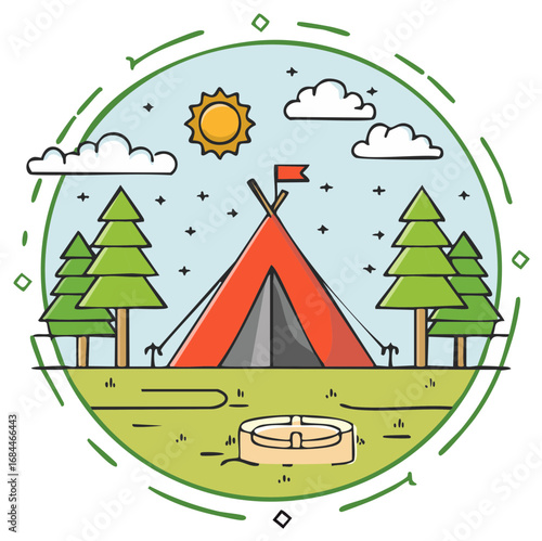 Vibrant camping scene with a red tent and pine trees under a sunny sky with clouds