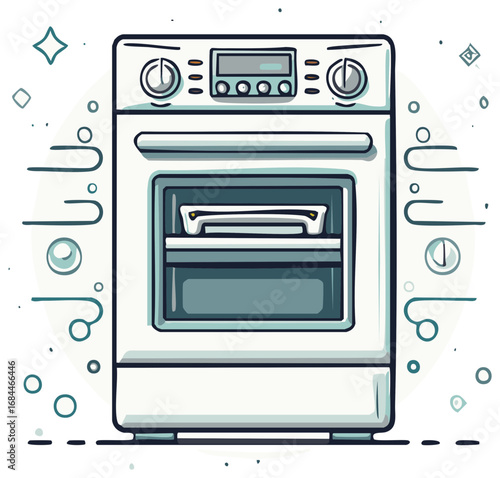 Illustration of an oven for baking and cooking with settings and details