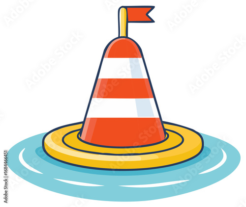 Cartoon Navigation Buoy with Red and White Stripes and a Flag Floating on the Sea