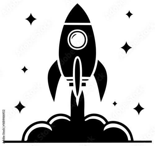 Black and White Rocketship Launching into Space with Stars