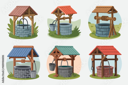 Wishing well vector illustrations, rustic stone wooden well with roof rope bucket pulley garden water source icons