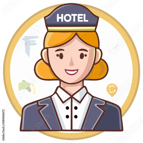 Smiling hotel employee in uniform with "HOTEL" cap inside a circular frame with icons