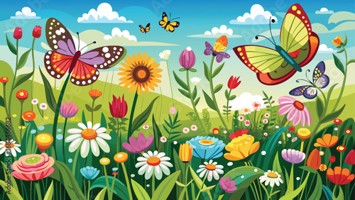 Butterflies flutter among a vibrant meadow of spring flowers under a sunny sky in a seamless cartoon pattern