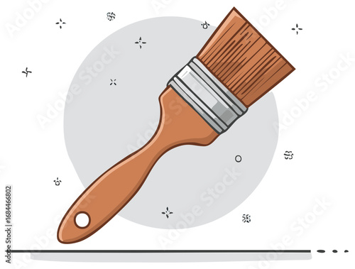 Isolated painting brush icon, wooden handle and grey circle, art and craft supply, design element