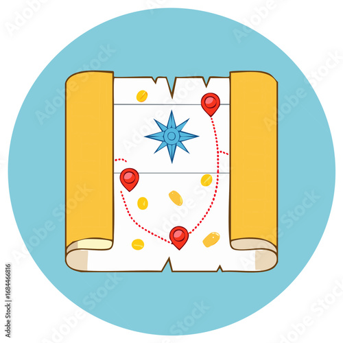 Treasure map with location pins wind rose and coins illustration vector