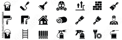 Home Improvement and Painting Icon Set – Black Line Icons for DIY, Renovation, and Interior Design