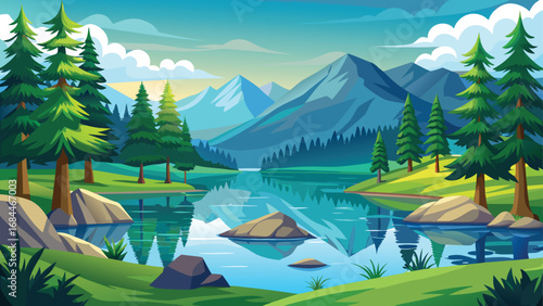 Mountain landscape with a serene lake reflecting the snow-capped Alps under a blue sky
