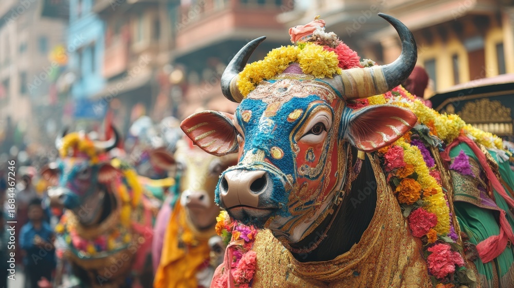 Obraz premium Vibrant decorated cows celebrating indian festival with colorful flowers and painted faces. Gai Jatra Festival
