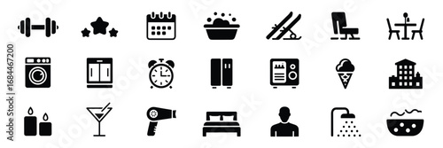 Hotel Amenities Icon Set – Black Line Icons for Hospitality, Travel, and Guest Services