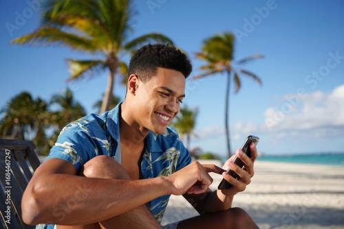 Man using mobile phone on beach vacation smiling young adult tropical getaway destination