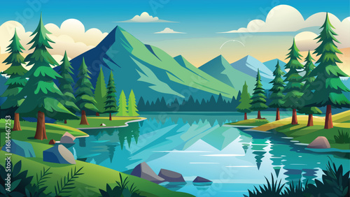 Tranquil lake and green forest reflecting snow-capped mountains and a cloudy sky