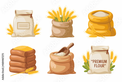 Grain sack vector illustrations, wheat bag flour sacks piled harvested cereal grains bagged storage farm produce icons