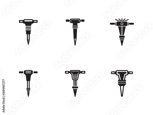 Jackhammer Vector Icons Collection Construction Equipment Symbols Heavy Machinery for Demolition and Building Projects Black and White Line Art