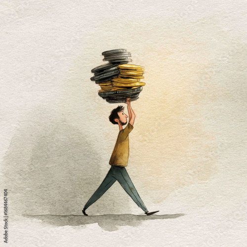 Man carrying stacked coins upward, illustration showing effort and balance in financial growth, with warm textured background and confident stride
