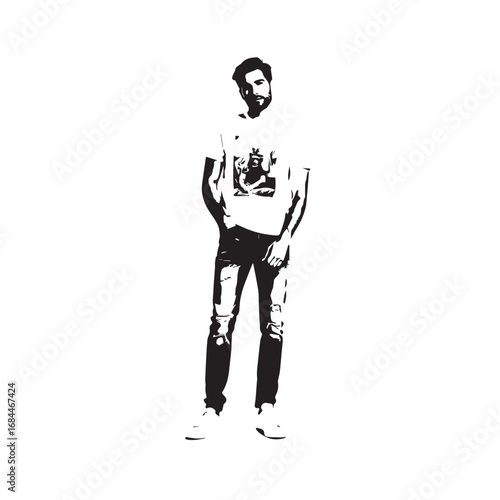 Handsome Man Black and White Illustration Vector Image Male Portrait Fashion Sketch Line Art Design