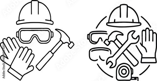 Construction Tools and Safety Equipment Icons – Minimal Line Design
