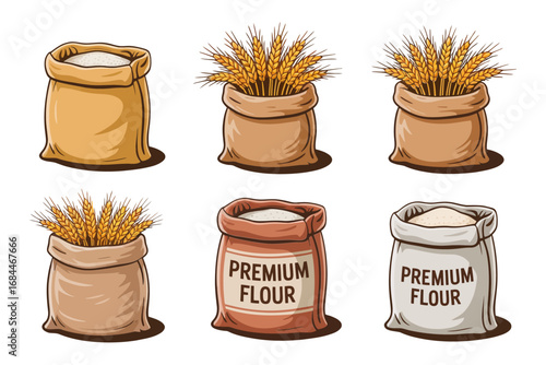 Harvested grain sack illustration set, wheat flour burlap bags tied open spilling kernels agricultural storage packaging icons