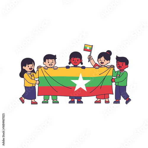 Children united holding Myanmar flag, showcasing national pride and cultural diversity celebration