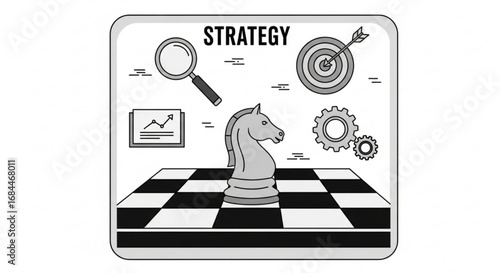 Business strategy planning and analysis with chess knight, target, gears and graph for success concept