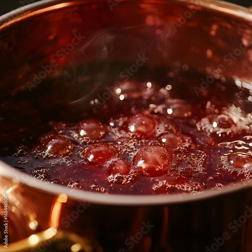 Homemade jam-making process with bubbling fruit mixture in a copper pot