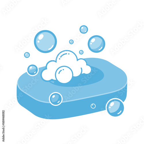 Simple illustration of blue soap with foam and floating bubbles offers hygiene