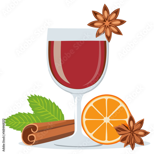 Festive mulled wine glass with star anise orange slice cinnamon stick and green leaves