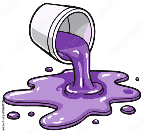 Purple paint spilling from a tipped white can creating a colorful puddle artwork