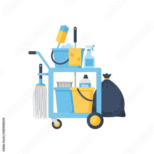 Depiction of Cleaning Cart with Supplies, Illustration for Hygiene and Sanitation Practices