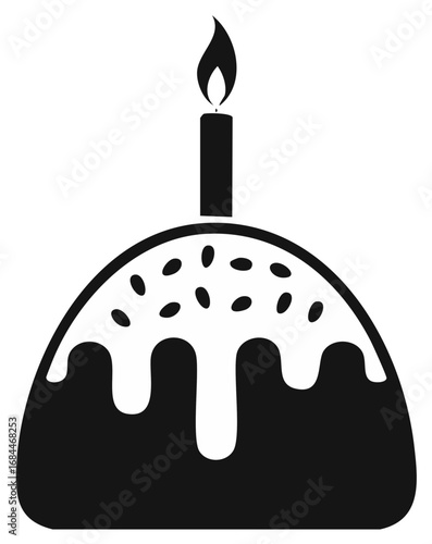 Simple black silhouette of a traditional Easter cake with icing and one lit candle for celebration
