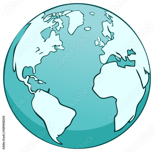 Cartoon Globe Earth with Continents Africa, America, Europe and Asia in light Blue