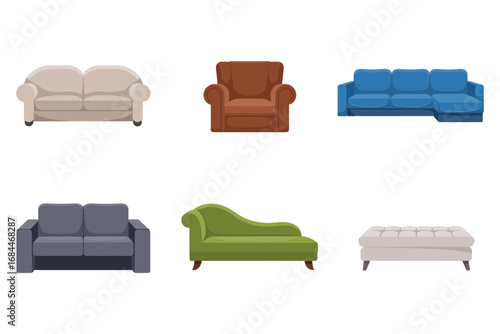 Contemporary couch and seating illustrations, three seat sofa loveseat armchair sectional designs, cozy home interior furniture icons pack