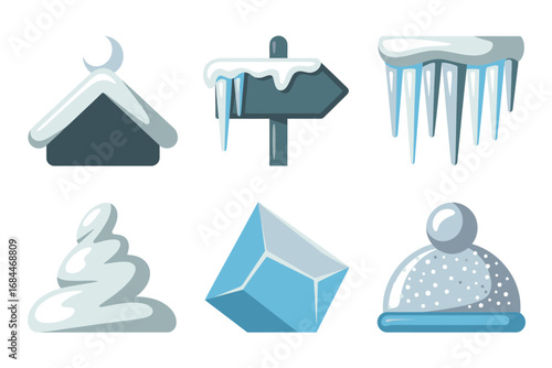 Ice and frost icon collection, snowcap icicle, frozen water mound, ice chunk, cold winter landscape symbols, seasonal graphics