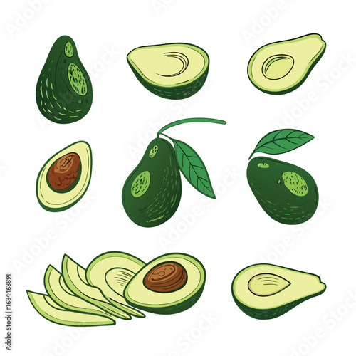 Whole and sliced green avocados with brown pits and leaves fruit