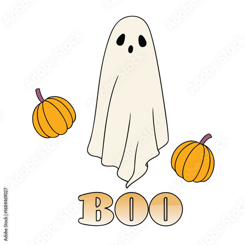 Friendly ghost with pumpkins and boo text halloween orange