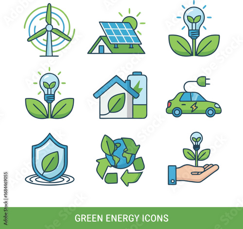 Sustainable energy symbols including wind turbine, solar panels, electric car, and recycling earth